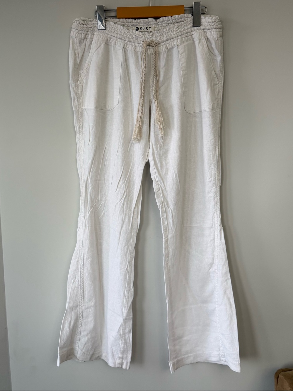 (L) Roxy White Linen-Blend Drawstring beach coverup